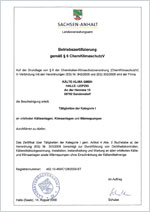 Zertifikat ChemKlimschutz V, Kälte-Klima GmbH, Halle/Leipzig