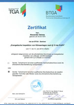 Zertifikat Energetische Inspektion von Klimaanlagen nach § 12 der EnEV